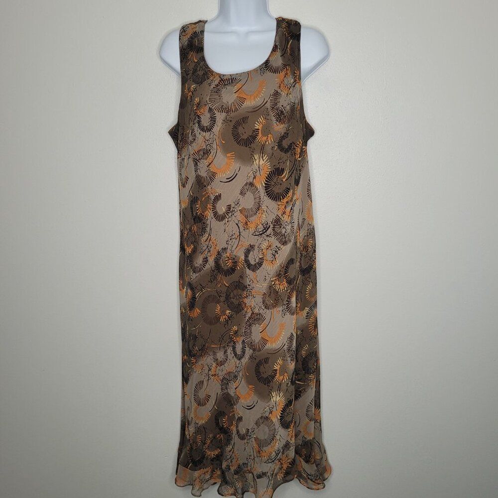 Vintage brown orange grunge rustic midi muted abstract print dress size 16